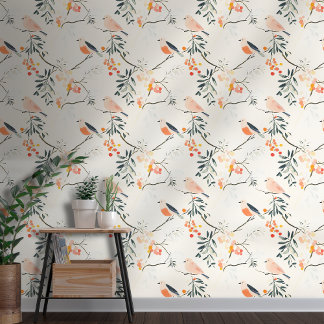 Peach and Blue Birds Chinoiserie Style Wallpaper Tapete