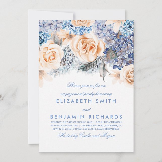 Peach and Blue Floral Watercolor Engagement Party Einladung (Vorderseite)