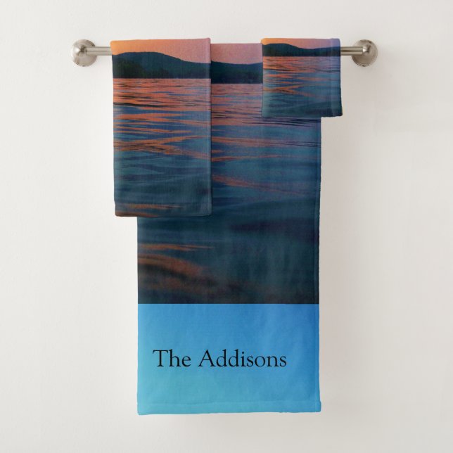 Peach and Blue Sunset Lake Beach Nature Foto Badhandtuch Set (Insitu)