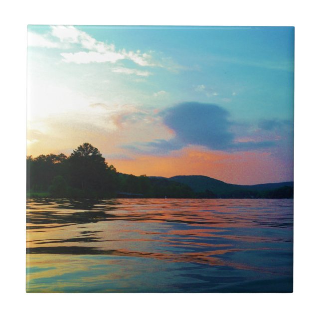 Peach and Blue Sunset on Mountain Lake Fliese (Vorderseite)