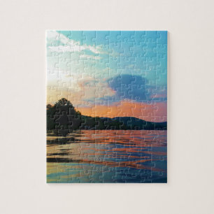 Peach and Blue Sunset on Mountain Lake Puzzle