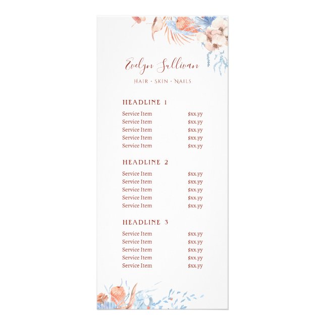 Peach and blue tropic price list rack card werbekarte (Vorne)