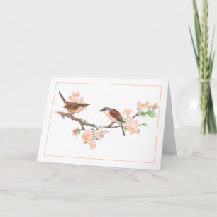Peach and Brown Birds on a Appleblossom Branch Karte