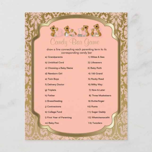 Peach and Gold Damask Teddy Bears- Candy Bar Flyer (Vorne)