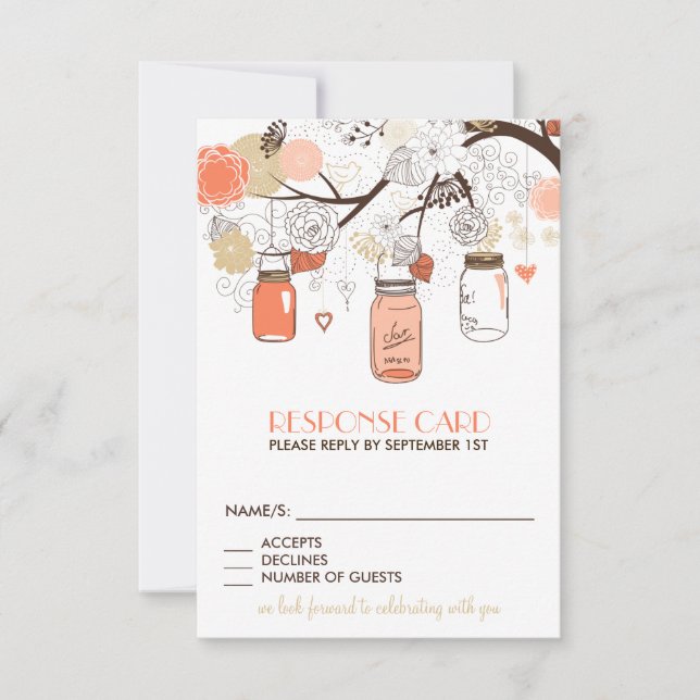 Peach and Gold Mason Jars Spring Flowers RSVP Card (Vorderseite)
