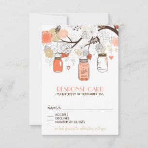 Peach and Gold Mason Jars Spring Flowers RSVP Card Karte