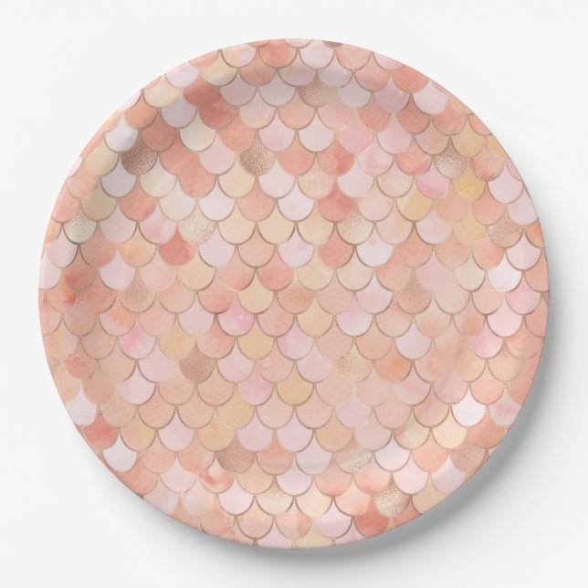 Peach and Gold Mermaid Scales Pappteller (Vorderseite)