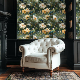 Peach and Green Chinoiserie Style Floral Wallpaper Tapete