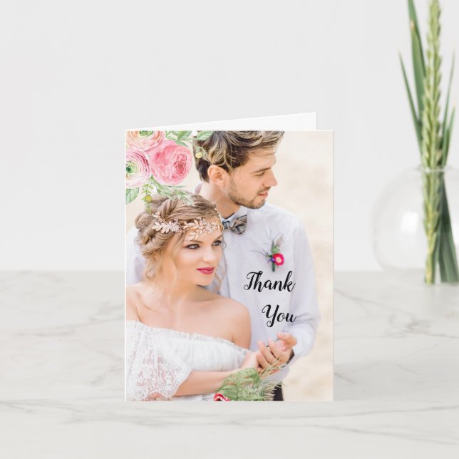 Peach and Green Floral Foto Wedding Vielen Dank Dankeskarte (Vorderseite)