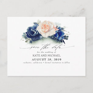 Peach and Navy Blue Floral Boho Save the Date Postkarte