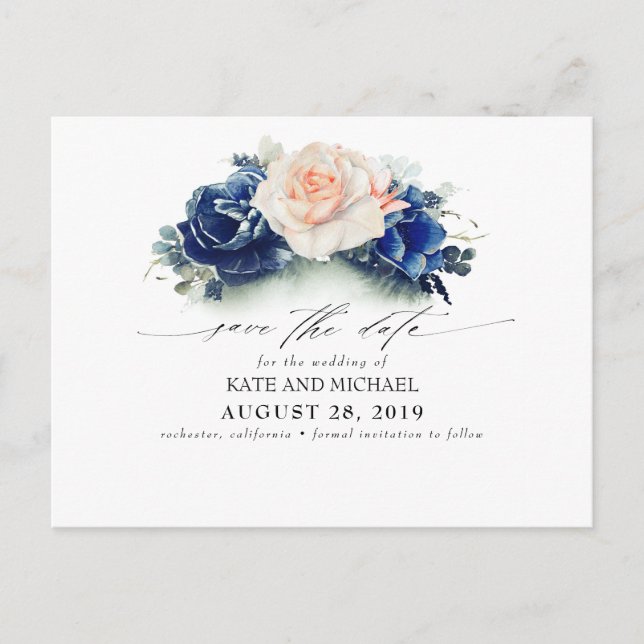 Peach and Navy Blue Floral Boho Save the Date Postkarte (Vorderseite)