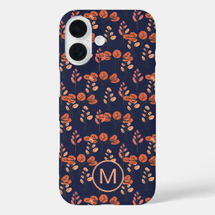 Peach and Navy Modern Floral Pattern Monogram iPhone 16 Hülle