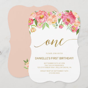 Peach and Pink Peony Blume Erste Geburtstagsparty Einladung