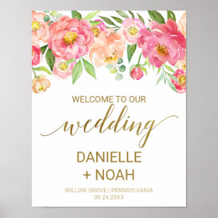 Peach and Pink Peony Blume Hochzeit Willkommen Poster