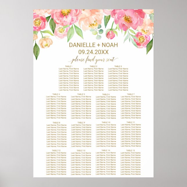Peach and Pink Peony Blume Hochzeitsdiagramm Poster (Vorne)