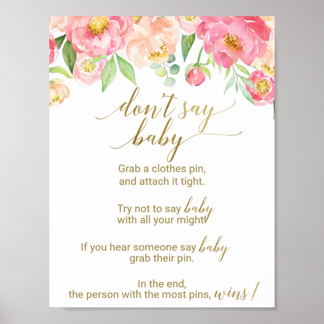 Peach and Pink Peony Blume Say Baby Sign Poster (Vorne)