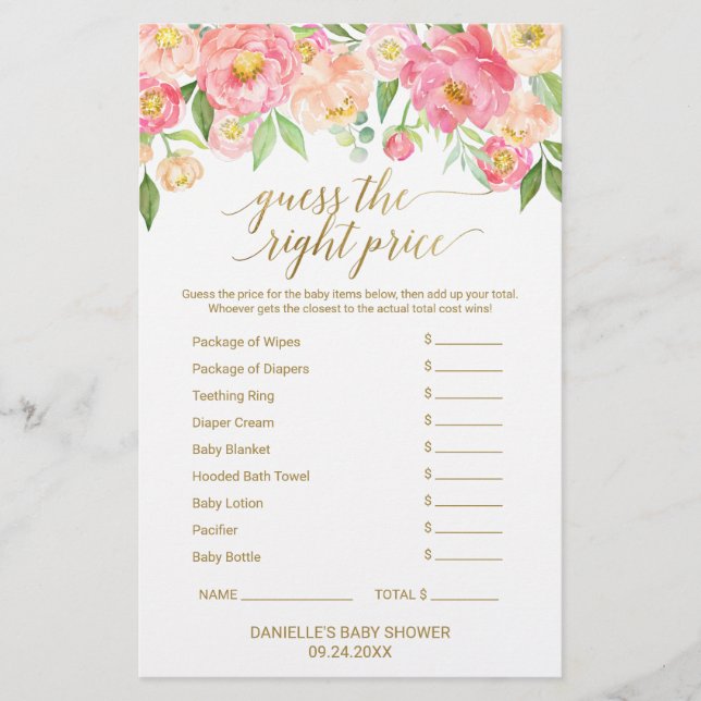 Peach and Pink Peony Guess The Right Price Game (Vorderseite)