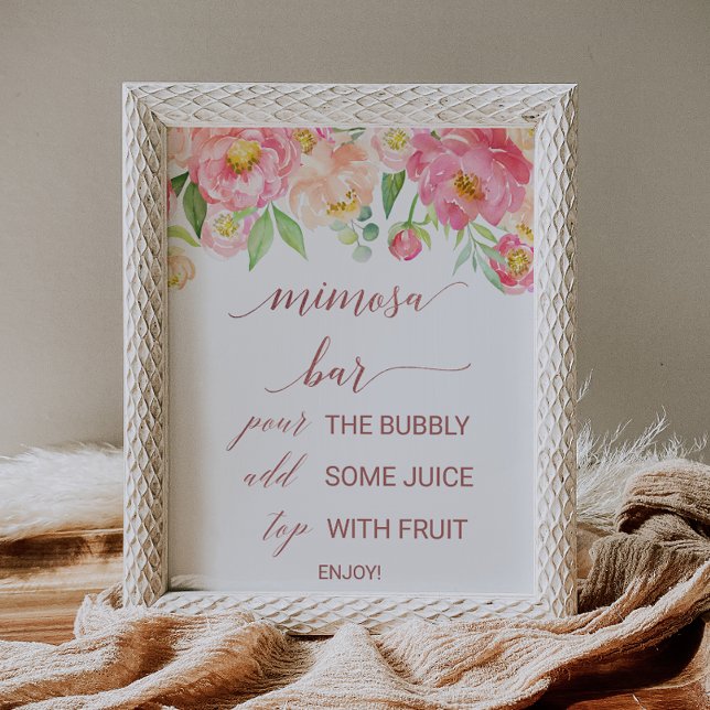 Peach and Pink Peony Rose Gold Mimosa Bar Sign Poster (Von Creator hochgeladen)