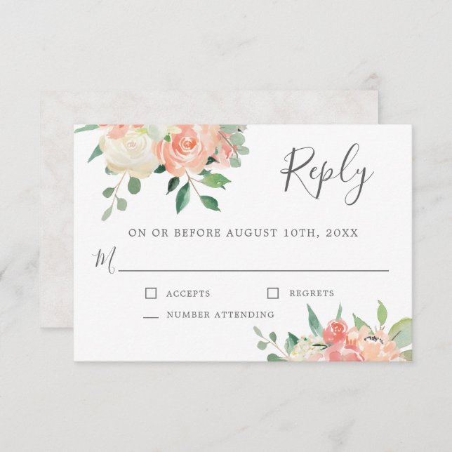Peach and Pink Watercolor Floral Wedding RSVP Einladung (Vorne/Hinten)