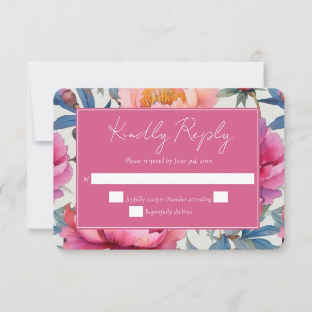 Peach and Pink Watercolor Peony Blume Hochzeit RSVP Karte (Vorderseite)