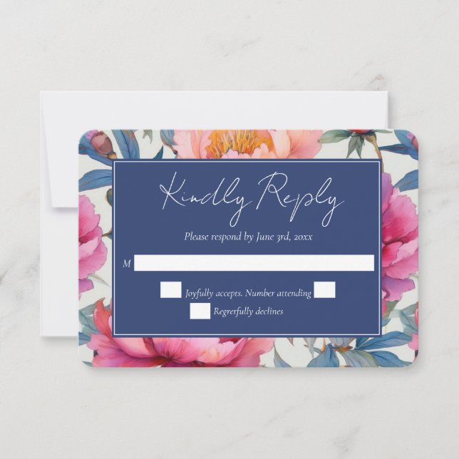 Peach and Pink Watercolor Peony Blume Hochzeit RSVP Karte (Vorderseite)