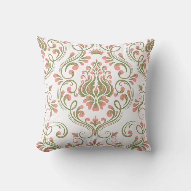 Peach and Sage Green Damask Blumenmuster Elegant Kissen (Vorderseite)