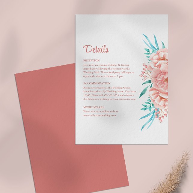Peach and Tosca Floral Wedding Details Card Einladung (Peach and Tosca Floral Wedding Details Card on a pale pink table.)
