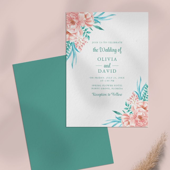 Peach and Turquoise Floral Summer Wedding Einladung (Peach and Turquoise Floral Summer Wedding Invitation on a pale pink table.)