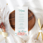 Peach and Turquoise Floral Wedding Menu Card Menükarte<br><div class="desc">Mit unserer Peach and Turquoise Floral Wedding Menu Card steigern Sie Ihr Empfang-Ambiente. Diese Karte verbindet pfirsichfarbene und türkisfarbene Blumenakzente und verleiht Ihrem kulinarischen Erlebnis eine elegante Touch. Diese Speisekarte, die Ihr Hochzeitsthema ergänzt, bietet ein lebendiges und raffiniertes visuelle. Die fesselnden Blumenmuster in pfirsichfarbenen und türkisfarbenen Farbtönen schaffen ein bezauberndes...</div>