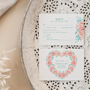 Peach and Turquoise Floral Wedding RSVP Card Dankeskarte