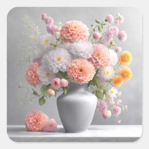 Peach and White Dahlia Bouquet Quadratischer Aufkleber