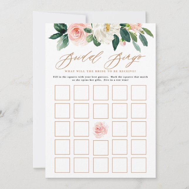Peach and White Floral Brautparty Bingo Game Einladung (Vorderseite)