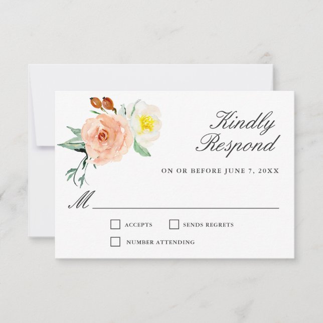 Peach and White Watercolor Floral Wedding RSVP Karte (Vorderseite)