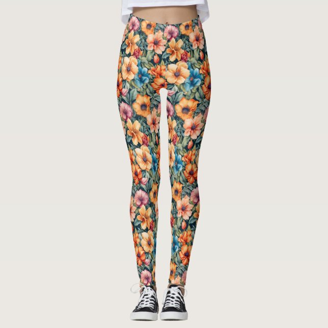 Peach Apricot und Mauve Floral Leggings (Vorderseite)