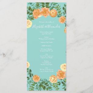 Peach Aqua Aquamarin Hochzeit Rose Blumenkohl Menükarte