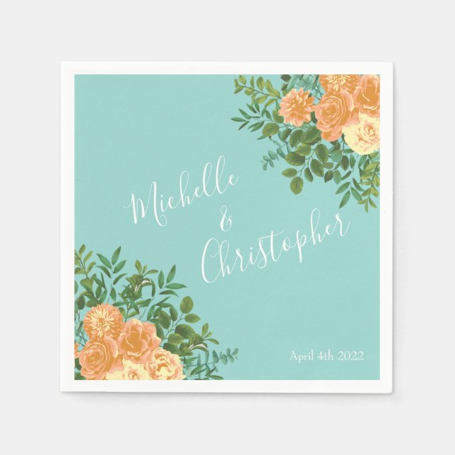Peach Aqua Aquamarin Hochzeit Rose Blumenkohl Serviette (Vorderseite)