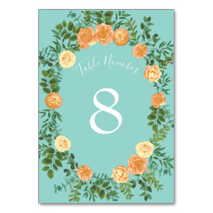 Peach Aqua Aquamarin Hochzeit Rose Blumenkohl Tischnummer