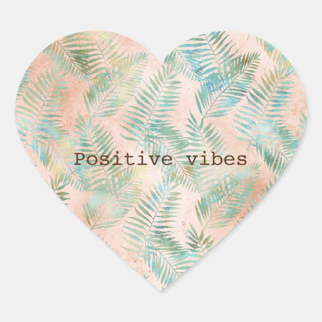Peach Aqua Green Tropical Blätter Herz-Aufkleber (Vorderseite)