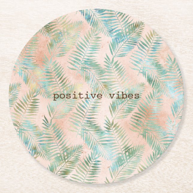 Peach Aqua Green Tropical Blätter Runder Pappuntersetzer (Vorderseite)