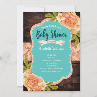 Peach Aquamarin Wood Watercolor Blume Kinderdusche Einladung