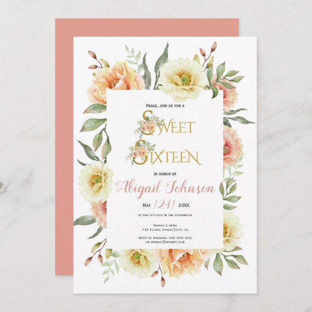 Peach Aquarell Blume 16 . Geburtstag Geburtstag Einladung (Vorne/Hinten)