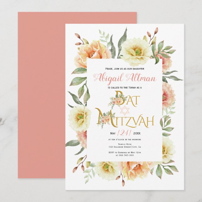 Peach Aquarell Blume Blumenstrauß Bat Mitzvah Einladung (Vorne/Hinten)