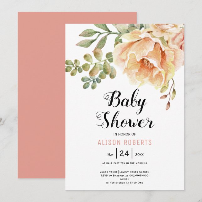 Peach Aquarell Blume und Blätter Babydusche Einladung (Vorne/Hinten)