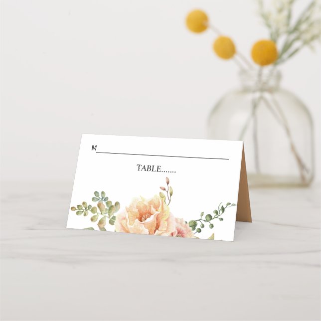 Peach Aquarell Blume und Blätter Hochzeit Platzkarte (Vorderseite)