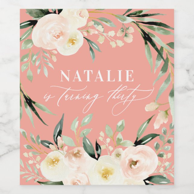 Peach Aquarellblüte 30. Geburtstag Gastgeschenk Weinetikett (Einzelnes Label)