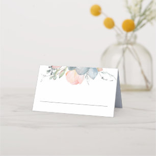Peach Aquarellblüten Dusty Blue Wedding Platzkarte