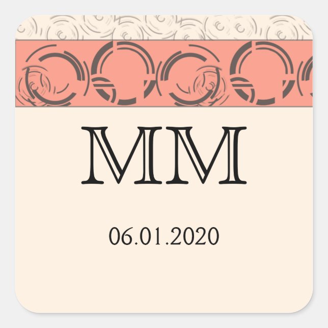 Peach Art Deco Circles Monogram Aufkleber (Vorderseite)