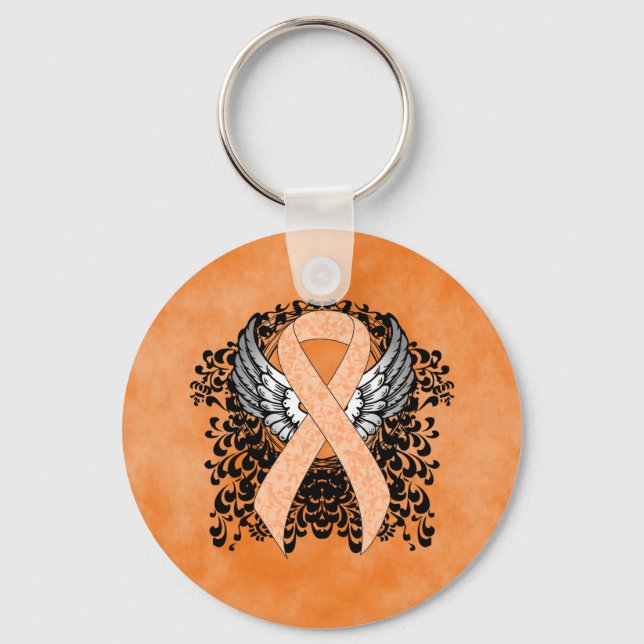 Peach Awareness Ribbon mit Flügeln Schlüsselanhänger (Vorderseite)