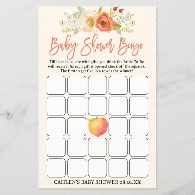Peach Baby Dusche Bingo Sweet Peach Baby Flyer (Vorne)