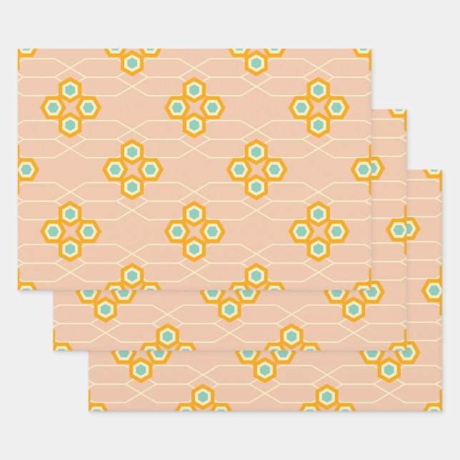 Peach background hexagonal floral pattern  geschenkpapier set (Set)